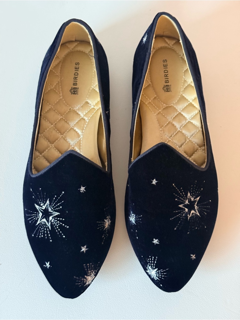Birdies The Heron Velvet Slipper Flats Silver Celestial Starburst Embroidery